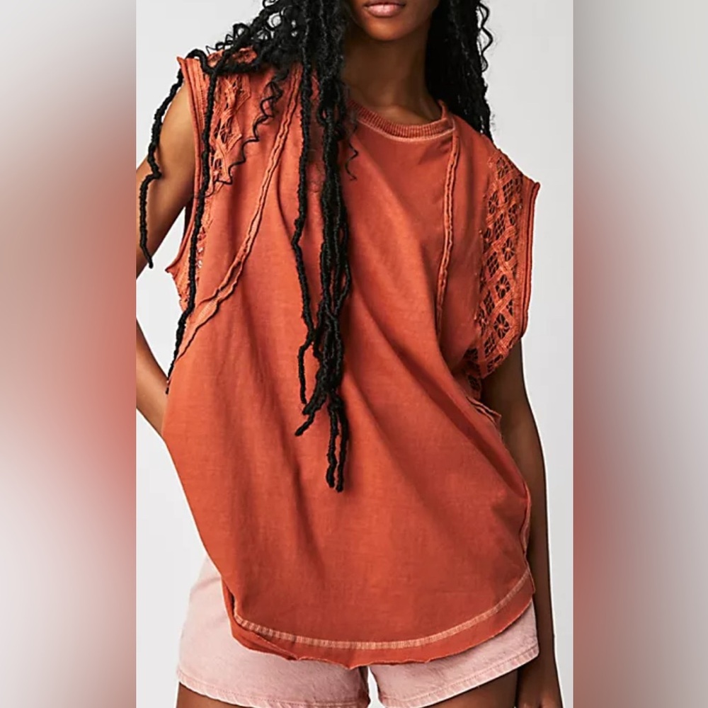 Free people Table For Two Rust crochet oversized top L